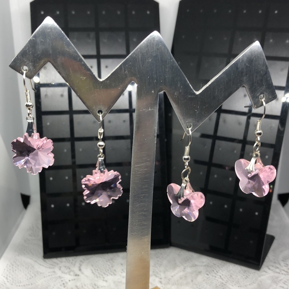 Artisan handcrafted carved pink glass crystal elegant dangle drop earrings.
